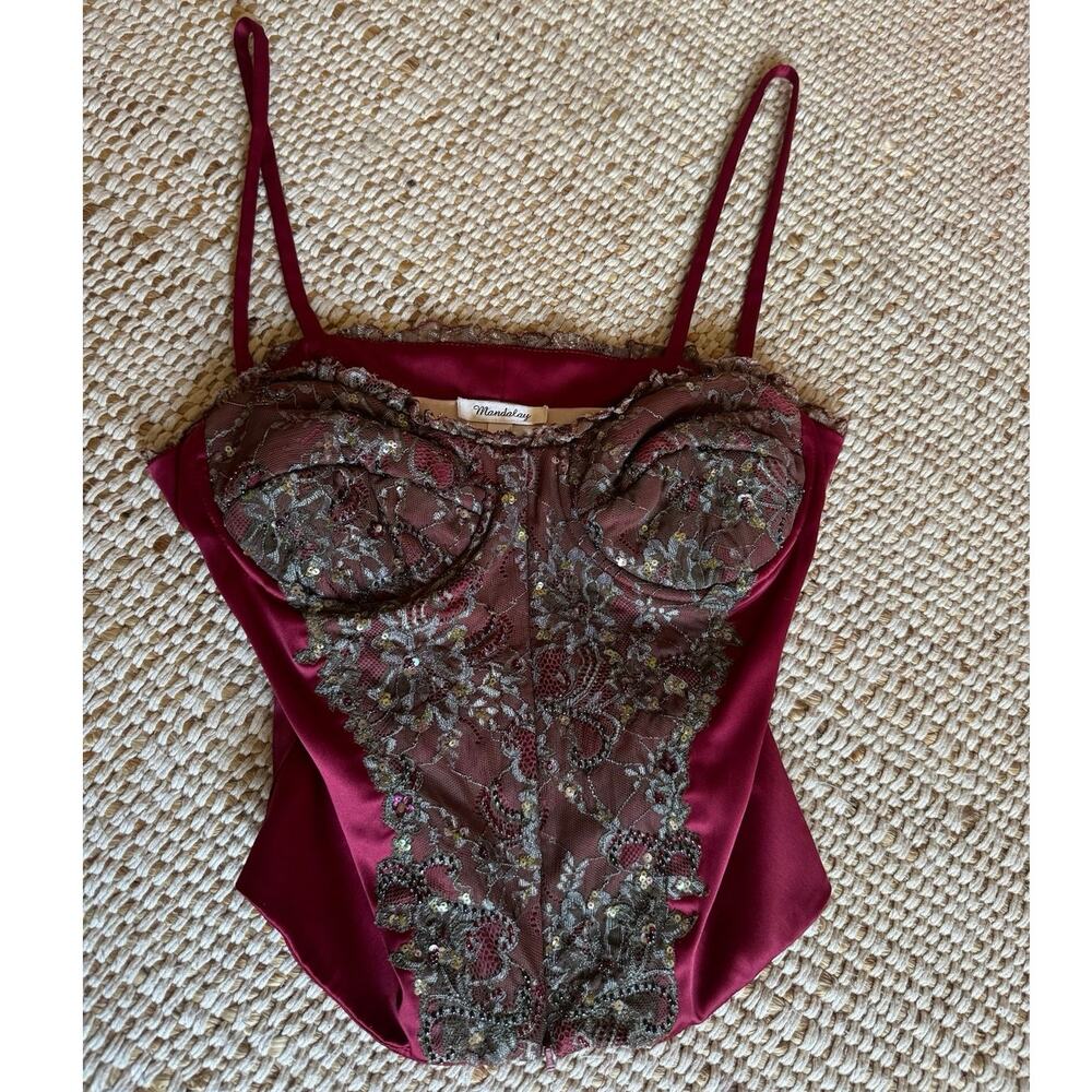 VTG Mandalay Burgundy Lace Sequin Beaded Ruffle Corset Top Size Front Zip Y2K 6